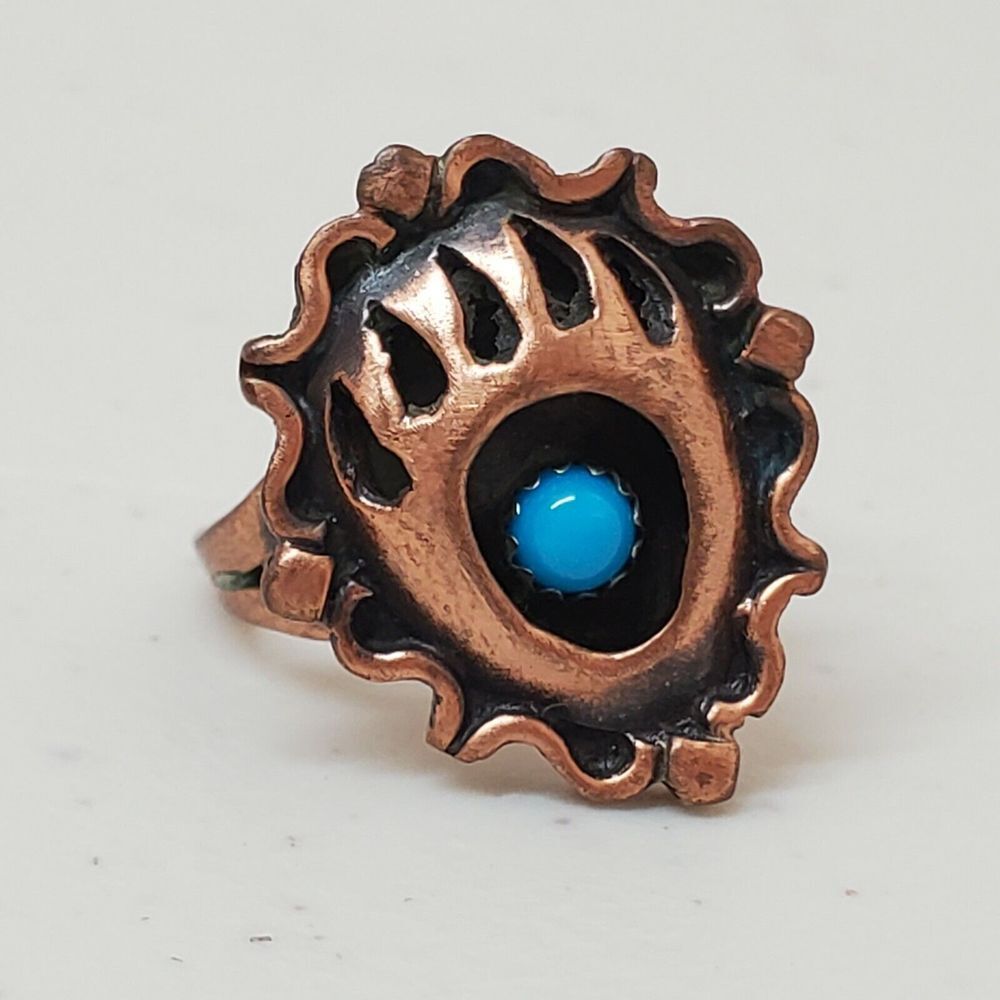 Vintage Navajo Copper over Sterling Ring signed CU Running Bear‎ turquoise Paw 7